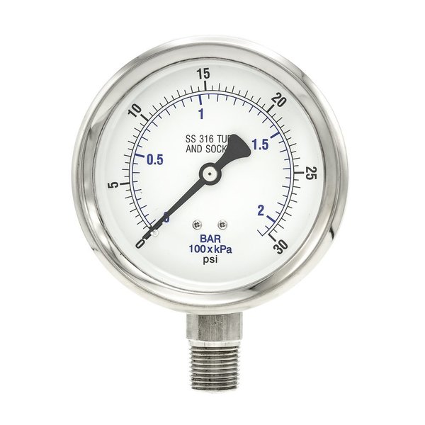 Pic Gauges Gauge, 4", 0/30psi, 1/2"LM, SS PRO-301D-402C-01